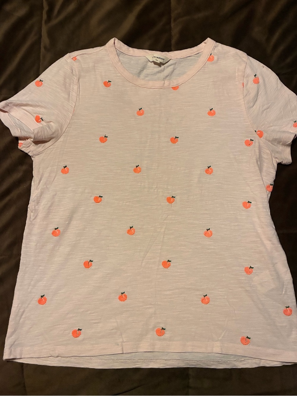 Lucky Brand Tee with Peach Fruit Motif, 100% cotton, size medium